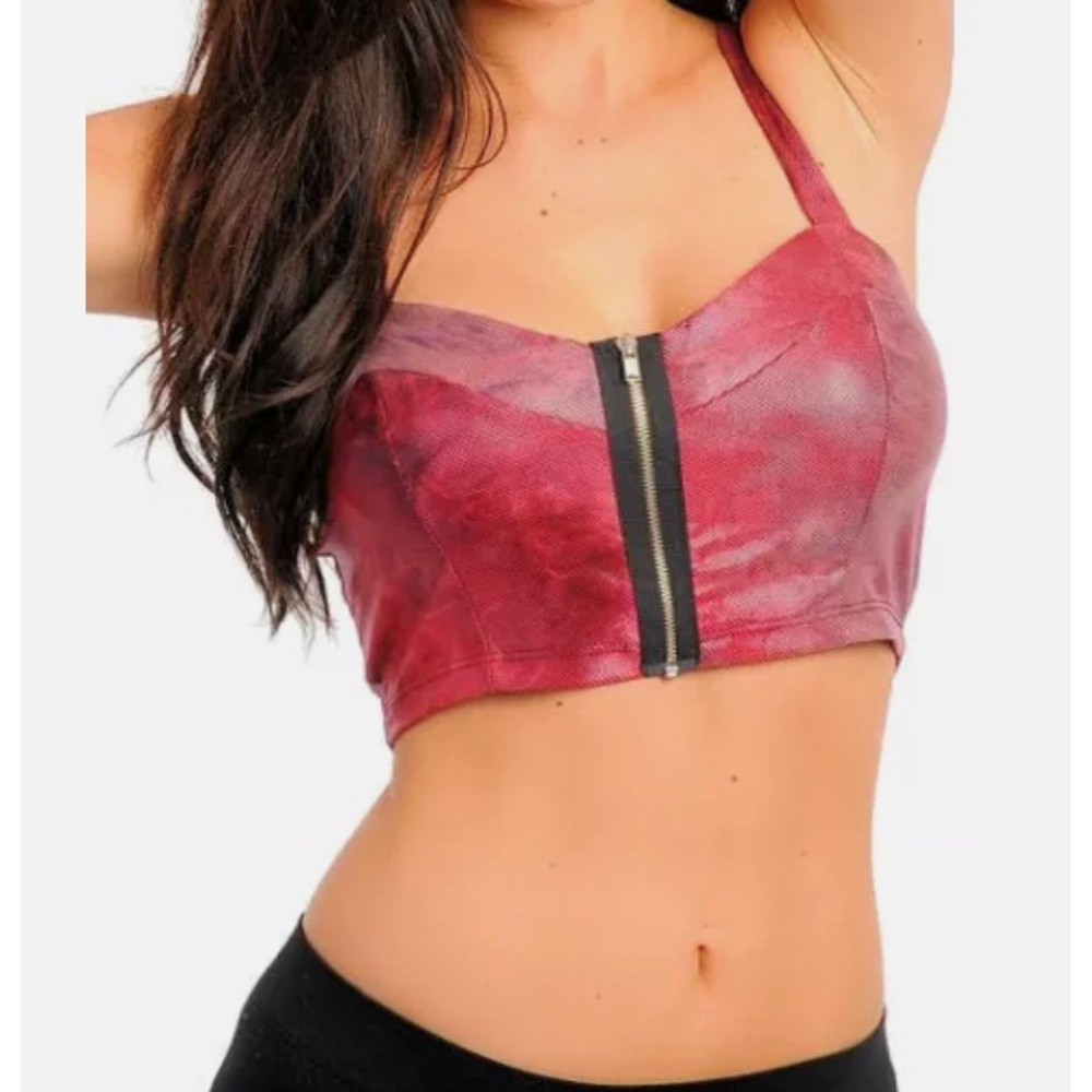 Red PVC Poly Stretch Zip up Crop Bra Top Glam New
